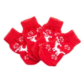 4 Pcs Christmas Red Elk Dog Knitted Pet Socks Cartoon Cute Puppy Cat Socks