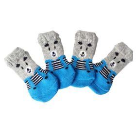 4 Pcs Dog  Knitted Socks Cute Blue Bear Foot Covers Scratch Dirt Resistant