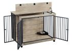 Furniture Style Dog Crate Side Table With Rotatable Feeding Bowl, Wheels