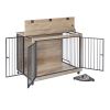 Furniture Style Dog Crate Side Table With Rotatable Feeding Bowl, Wheels