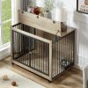 Furniture Style Dog Crate Side Table With Rotatable Feeding Bowl, Wheels