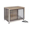 Furniture Style Dog Crate Side Table With Rotatable Feeding Bowl, Wheels