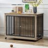 Furniture Style Dog Crate Side Table With Rotatable Feeding Bowl, Wheels