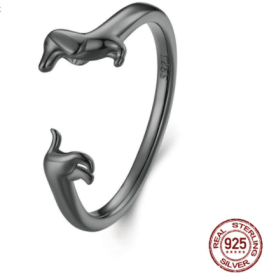 S925 Silver Sausage Dog Ear Stud And Ring Jewelry Set Cute Animal Argent  Ring (Color: Ringblack, Purity: S925)