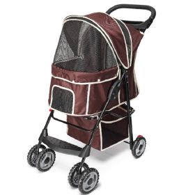 Pet Dog Stroller Trolley, Foldable Travel Carriage with Wheels Zipper Entry Cart (Color: brown)