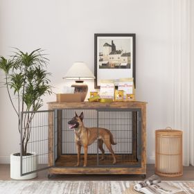Furniture Style Dog Crate Side Table on Wheels with Double Doors and Lift (Color: Rustic Brown)