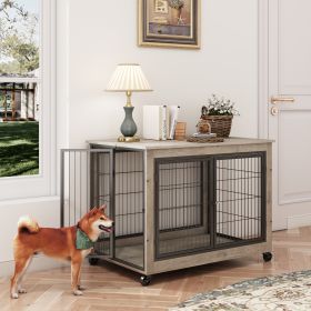 Furniture Style Dog Crate Side Table on Wheels with Double Doors and Lift (Color: grey)