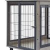 Furniture Style Dog Crate Side Table on Wheels with Double Doors and Lift